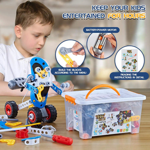 Cool Five In One STEM Building Kit With Electric Motor For Kids Aged Six To Twelve Hands On Construction Toys For Boys And Girls 113 Pieces DIY Educational Toy Set For Future Engineers, child building robot model