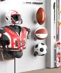 Two Pack Wall Mount Basketball Racks Black Space Saving Ball Holder For Home Gym Or Bedroom Decor Keeps Basketballs Footballs Rugby Balls And Volleyballs Organized Like A Pro In Small Spaces with sports gear displayed.