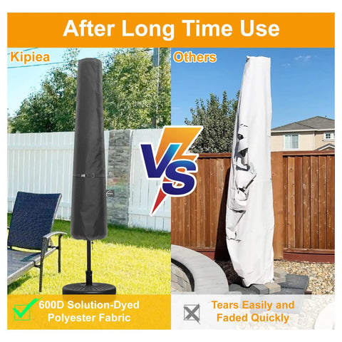 Comparison of heavy duty patio umbrella cover against standard cover, showing durability and weather resistance after long-term use