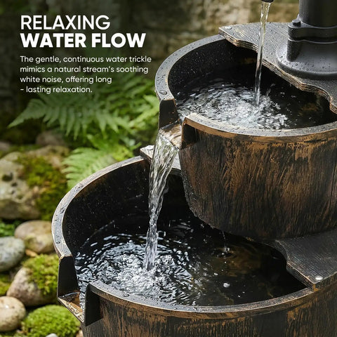 27 Inch Tall Outdoor Barrel Water Fountain With Two Tier Cascading Waterfall And Electric Recirculating Pump Bronze Garden Decor