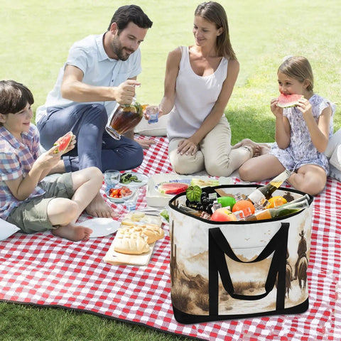 Family enjoying picnic with Western Desert Cowboy Style Insulated Cooler Bag With Large Compartment Reusable Thermal Tote on red blanket