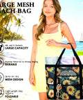 Woman holding Huge Mesh Beach Bag For Women With Zipper Pocket Sandproof Pool Cruise Tote on the beach.