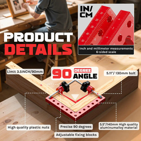 4 Pack 5.5 Inch Aluminum Corner Clamps For Woodworking Boss Level 90 Degree Right Angle L Shaped Squares With Precision Screws Dual Scale Positioning For Frames Cabinets Drawers And Boxes on a wood frame