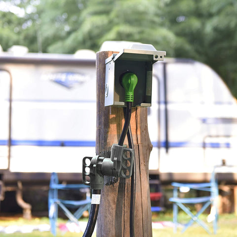 36 Foot 50 Amp RV Extension Cord With 14 50P Plug And 14 50R Receptacle, Outdoor STW Cable in use at campsite with trailer