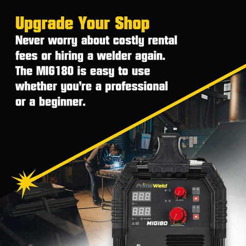 MIG Welder 180 Amp Wire Feed With Dual Voltage 220V And 110V displayed with welding scene in workshop background.