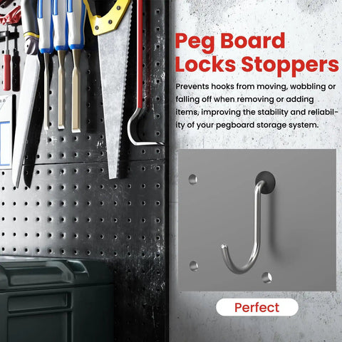 100 Pack Pegboard Hook Locks Stoppers for One Quarter Inch Peg Boards, silicone rubber accessories, black, installed on pegboard