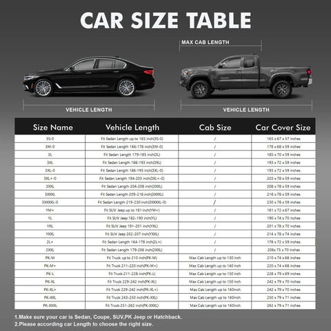 Car size chart showing vehicle length requirements for Tough As Nails All Weather Waterproof Car Cover For Outdoor Use.