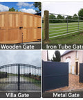 Four types of gates: wooden gate, iron tube gate, villa gate, and metal gate in outdoor settings.
