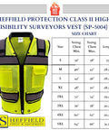 Class II High Visibility Safety Vest Fluorescent Lime Reflective Tape Heavy Duty Construction Workwear size chart displayed next to vest.