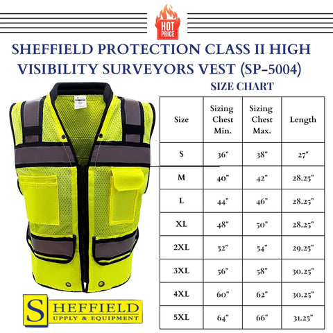 Class II High Visibility Safety Vest Fluorescent Lime Reflective Tape Heavy Duty Construction Workwear size chart displayed next to vest.