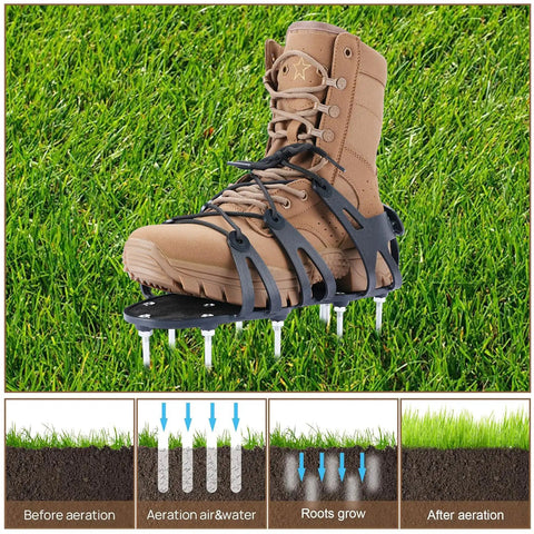 Lawn Aerator Shoes With Sharp 4.5cm Spikes For Easy Lawn Care on brown boot displaying aeration process illustration