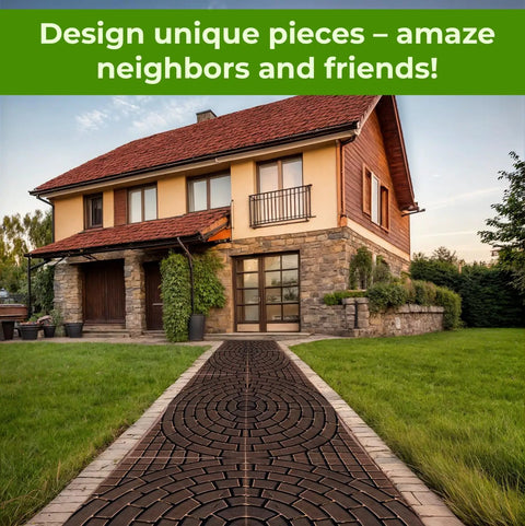 Four Piece Plastic Concrete Molds Set for DIY Paving Pathways leading to a large house with a cobblestone-look path