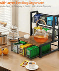 Industrial Rustic Tea Bag Organizer, 3 Tier Wood Storage Box With Drawer holding teapot and tea bags on countertop