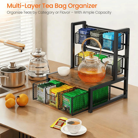 Industrial Rustic Tea Bag Organizer, 3 Tier Wood Storage Box With Drawer holding teapot and tea bags on countertop