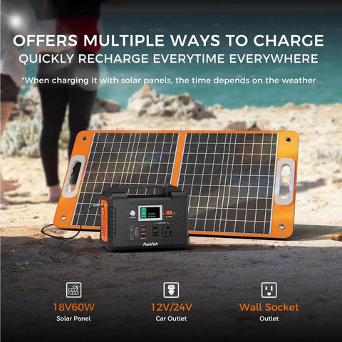 Portable Power Station 200W 40800mAh Backup Battery Pack with solar panel on beach