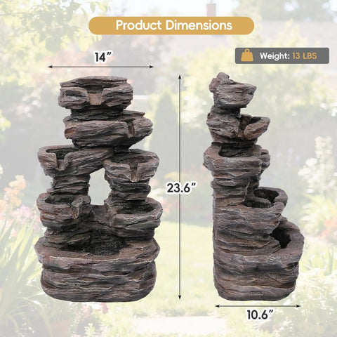 7 Tier Cascading Rock Fountain With LED Lights For Garden And Patio Stone Look Resin Water Feature 23.6 Inch Tall displayed