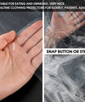 Hand touching clear waterproof material with text about mealtime clothing protectors and snap button or strap feature.