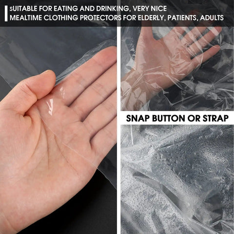Hand touching clear waterproof material with text about mealtime clothing protectors and snap button or strap feature.