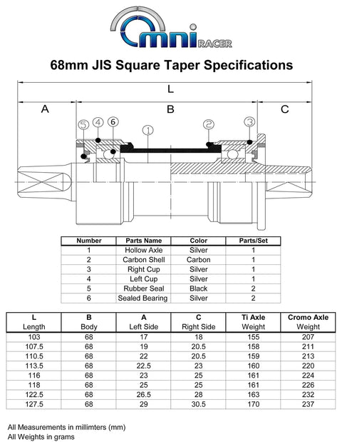 Technical diagram showing Racer Worlds Lightest JIS Square Taper Bottom Bracket English 68x116mm with specifications and parts list.