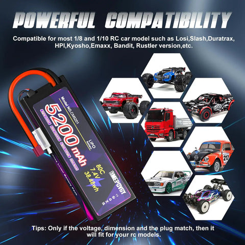 7.4V 2S 5200mAh 80C LiPo RC Battery With Hard Case And T Connector For 1 8th Scale And 1 10th Scale RC Cars And Trucks Dual Pack