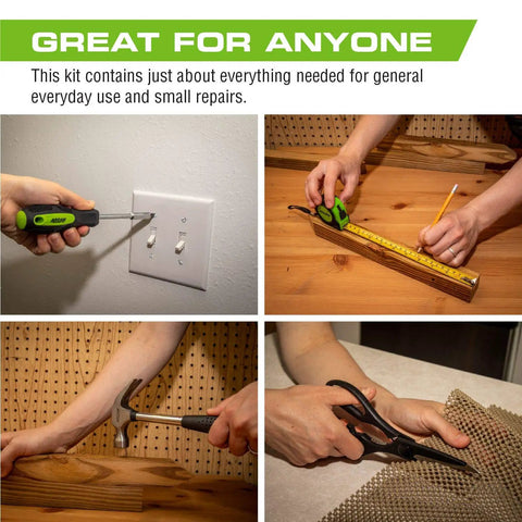 39 Piece Home Hand Tool Kit For Everyday Household Repairs At Home Office Apartment Or Dorm With Handy Storage Case And Essential Tools Like Hammer Scissors Utility Knife Pliers Tape Measure Bits Hex Wrenches And Mini Screwdrivers in use on various household tasks