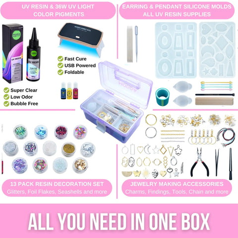 Complete UV Resin Jewelry Making Kit With Fast Curing Lamp And Flexible Molds, Premium DIY Craft Set For Beginners Featuring Shimmer Glitter Pieces And Dead Simple Video Guide