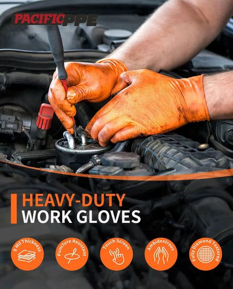Extra Thick 8 Mil Orange Nitrile Work Gloves Heavy Duty Disposable Knit Cuff For Mechanics And Tradesmen Bulk 100 Pack worn during auto repair.