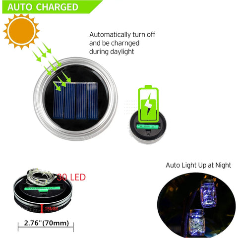 12 Pack Solar Mason Jar Fairy Lights With 30 Warm White LEDs showcasing solar charge feature and size specifications