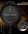 12 Inch Cast Iron Skillet Preseasoned PFAS Free Chef Pan size dimensions with stovetop, oven, campfire, and grill compatibility