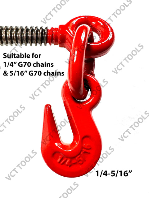 Close-up of Four Pack Ratchet Chain Binders Beefy Heavy Duty 1/4 To 5/16 Inch Load Binders with red hook and forged steel handle.