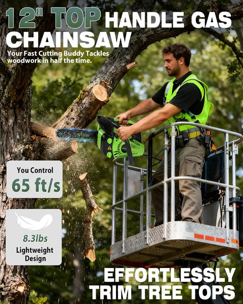 Person using Top Handle Gas Chainsaw For Arborists, 12 Inch Pruning Saw With Lightweight 2 Stroke Engine in tree trimming