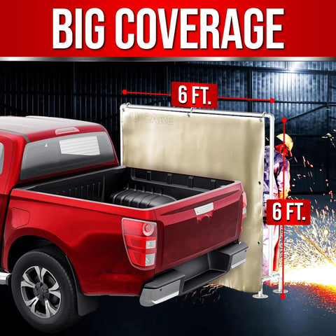 Heavy Duty Fireproof Welding Blanket 6Ft By 6Ft, 850GSM Fiberglass Shield with brass grommets setup behind a red truck.