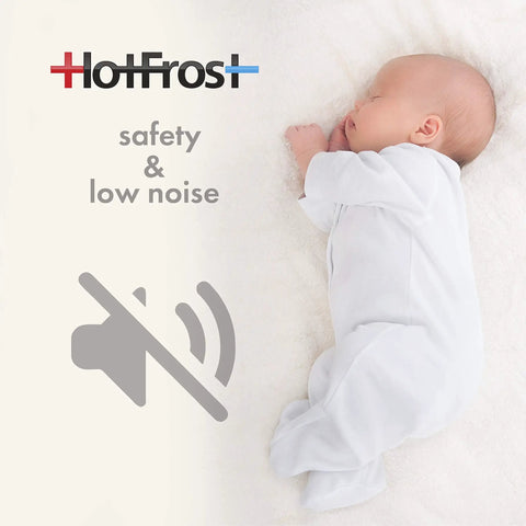 Sleeping baby next to text 'safety & low noise' and mute symbol, promoting quiet operation feature of No Fuss 5 Gallon Water Dispenser Pump