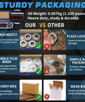 Sturdy packaging comparison for Two Piece 1 Inch Trailer Hub Bearings Kit with L44643 L44610 Bearings and accessories.