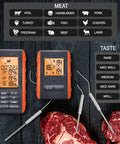 Wireless Meat Thermometer For Grilling And Smoking With 3 Probes, Digital Remote Monitor, displayed with two meat cuts