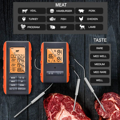 Wireless Meat Thermometer For Grilling And Smoking With 3 Probes, Digital Remote Monitor, displayed with two meat cuts