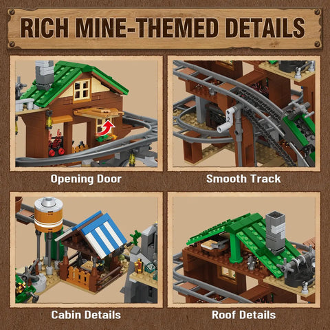 1170 Piece Mine Roller Coaster Building Blocks Set featuring cabin, track, and roof details for builders and STEM geeks