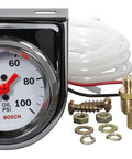 Bosch mechanical oil pressure gauge with chrome bezel, white dial, and included fittings. Measures 0 to 100 PSI with a 270-degree sweep.