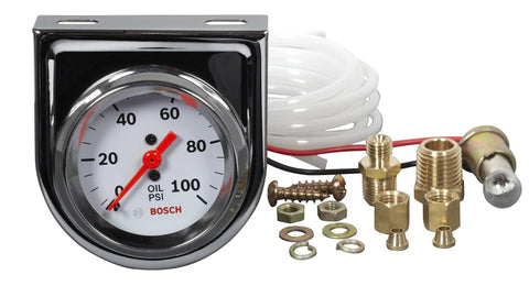 Bosch mechanical oil pressure gauge with chrome bezel, white dial, and included fittings. Measures 0 to 100 PSI with a 270-degree sweep.