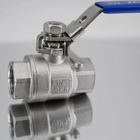 Side view of 3/4-inch 304 stainless steel full-port ball valve with blue vinyl handle and female NPT threads.