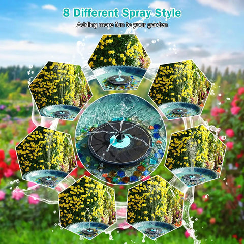 Cyan Flower Solar Fountain Upgrade 3.5W With 7 Nozzles And 4 Fixed Pipes For Bird Bath Garden Pond Pool Hummingbirds Solar Powered Water Feature For Your Yard, showing 8 different spray styles.