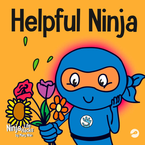 Helpful Ninja holding flowers, part of Eight Book Box Set Of Emotions And Feelings For Kids Featuring Angry Ninja, Positive Ninja, Earth Ninja.