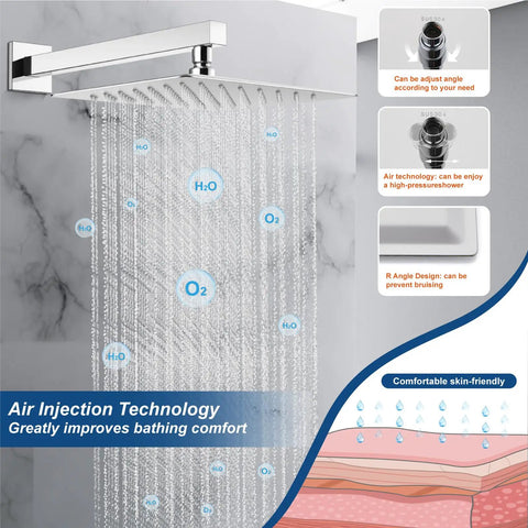 Polished Chrome 12 Inch Square Rain Shower System With Wall Mount High Pressure Rain Shower Head showcasing air injection technology