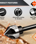 Close-up of a Five Flute Countersink Drill Bit Set Pro Grade With HSS 4241 Steel 82 Degree Counter Sink, showing round shank.