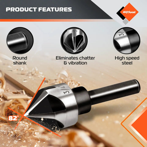 Close-up of a Five Flute Countersink Drill Bit Set Pro Grade With HSS 4241 Steel 82 Degree Counter Sink, showing round shank.