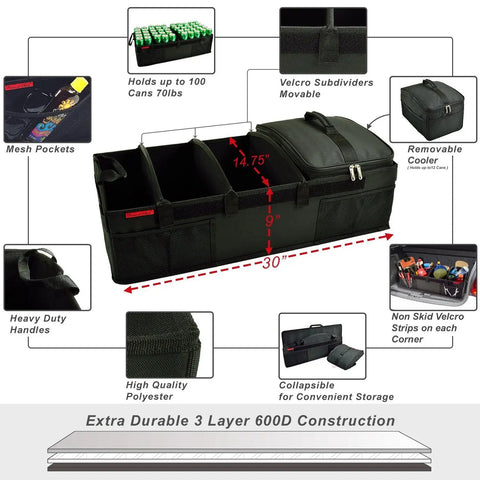 Beefy Heavy Duty Trunk Organizer Set With No Slide Rigid Base 70 Lb Capacity 30 By 15 Inches Black Pack Of 2 Durable 600 Denier Canvas With Waterproof Backing And Infinitely Adjustable Dividers with diagram of features and measurements