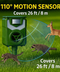 Solar Ultrasonic Animal Repeller With 110 Degree PIR Motion Sensor, 5 Modes, IP44 Weatherproof, LED Strobe And 90 dB Alarm, USB C Rechargeable, Repels Cats, Dogs, Deer, Squirrels, Raccoons And Birds in grass