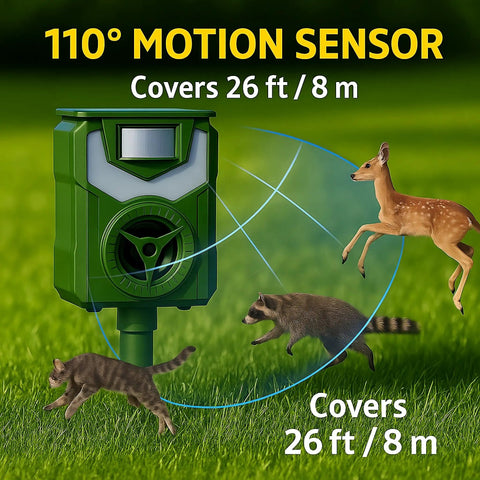 Solar Ultrasonic Animal Repeller With 110 Degree PIR Motion Sensor, 5 Modes, IP44 Weatherproof, LED Strobe And 90 dB Alarm, USB C Rechargeable, Repels Cats, Dogs, Deer, Squirrels, Raccoons And Birds in grass