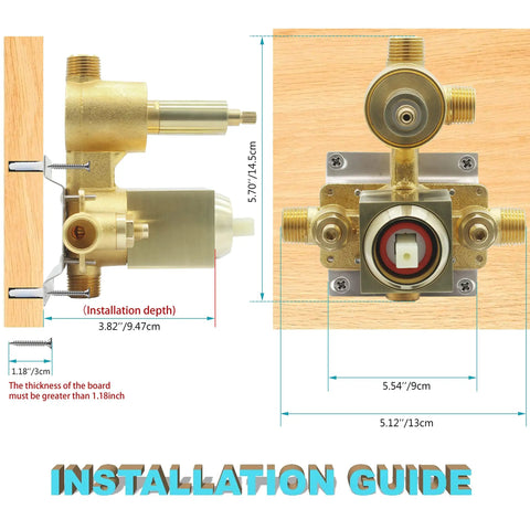 Brushed Gold 3 Way Shower Valve Kit With Concealed Brass Diverter and Flow Control front and side view with dimensions