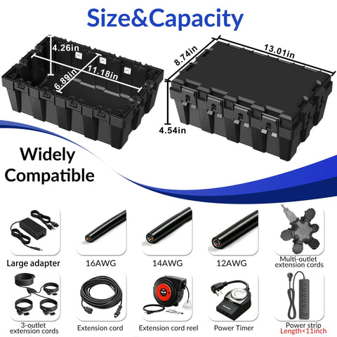 Waterproof Outdoor Electrical Box Heavy Duty Cover For Extension Cords And Holiday Lights With Tight Port Seals And Wall Mount Bracket That Keeps Your Plugs Locked Down Safe In Any Backyard Setup, showing size & capacity dimensions.